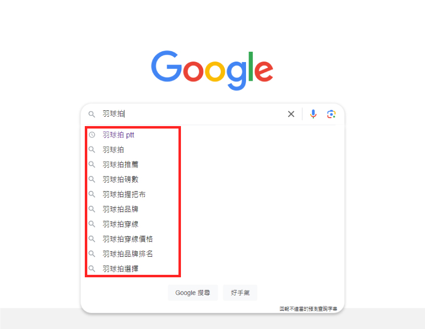 羽球拍關鍵字google搜尋預測查詢字串結果