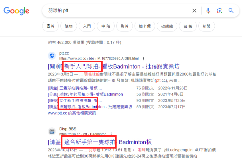 羽球拍關鍵字加上ptt論壇搜尋示意圖